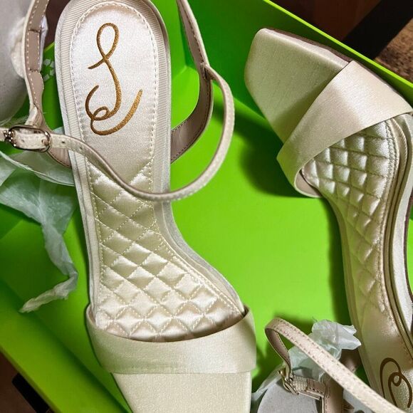 SAM EDELMAN 9Leana Ankle Strap Sandal Feathered Floral square toe Slip on Heels - Picture 3 of 8